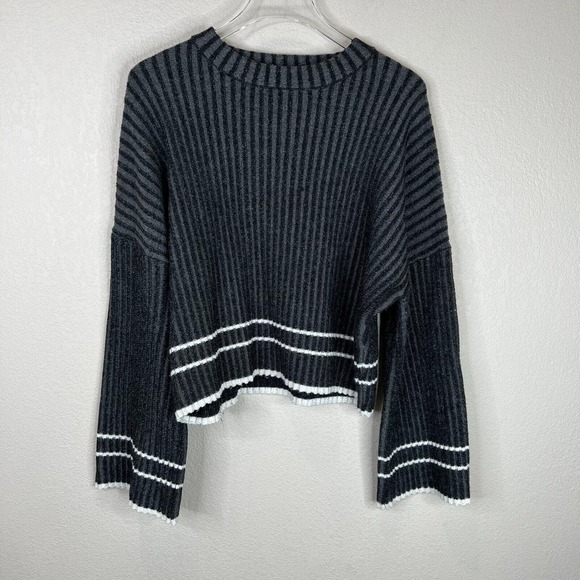 Moussy Sweater Womens Free Size Gray/Black‎ Striped Crew Wool Blend Relaxed Fit - Picture 1 of 13